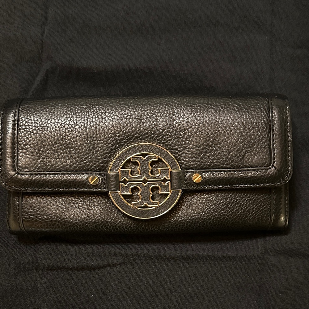 Tory Burch Black Leather Card Holder with Gold Logo